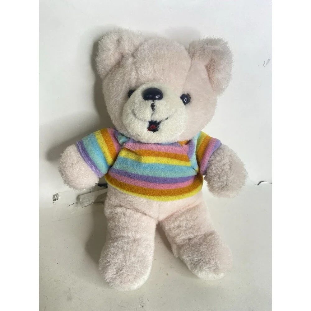 A&B Novelty Teddy Bear Pink Plush Striped Shirt Stuffed Animal Toy Vintage 1982